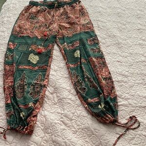 Boho Paisley Drawstring Pants in Green and Rust/Pinkish